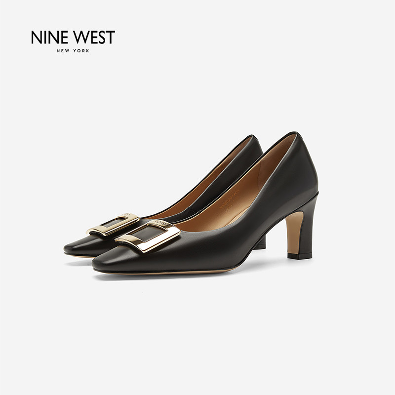 Nine West/玖熙秋冬尖头浅口粗跟时装单鞋金属装饰扣女士优雅气质