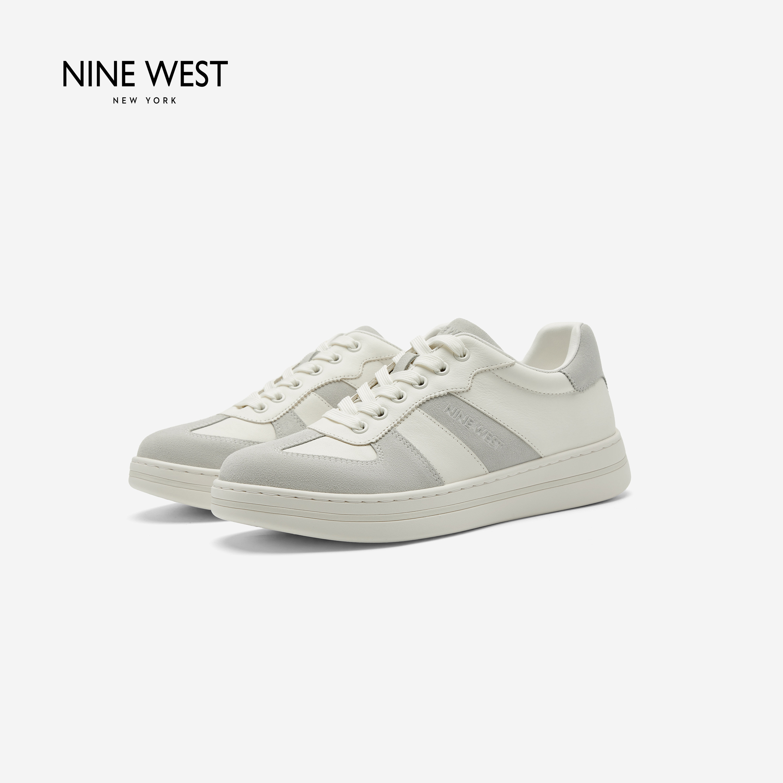 Nine West/玖熙拼色德训板鞋女复古平底系带休闲鞋百搭通勤小白鞋