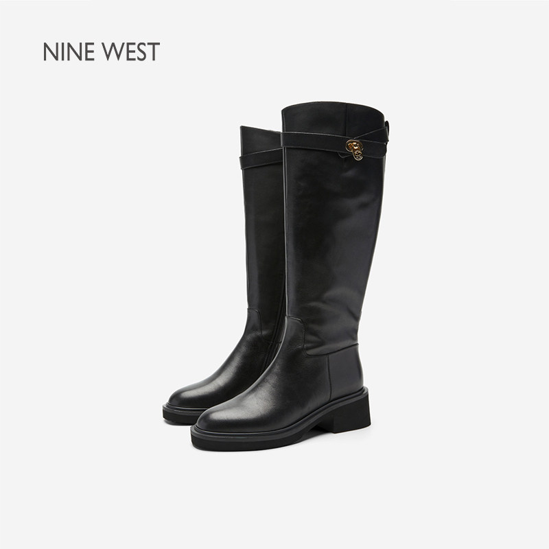 Nine West/玖熙英伦风皮带扣骑士靴女黑色高筒长靴百搭粗跟机车靴