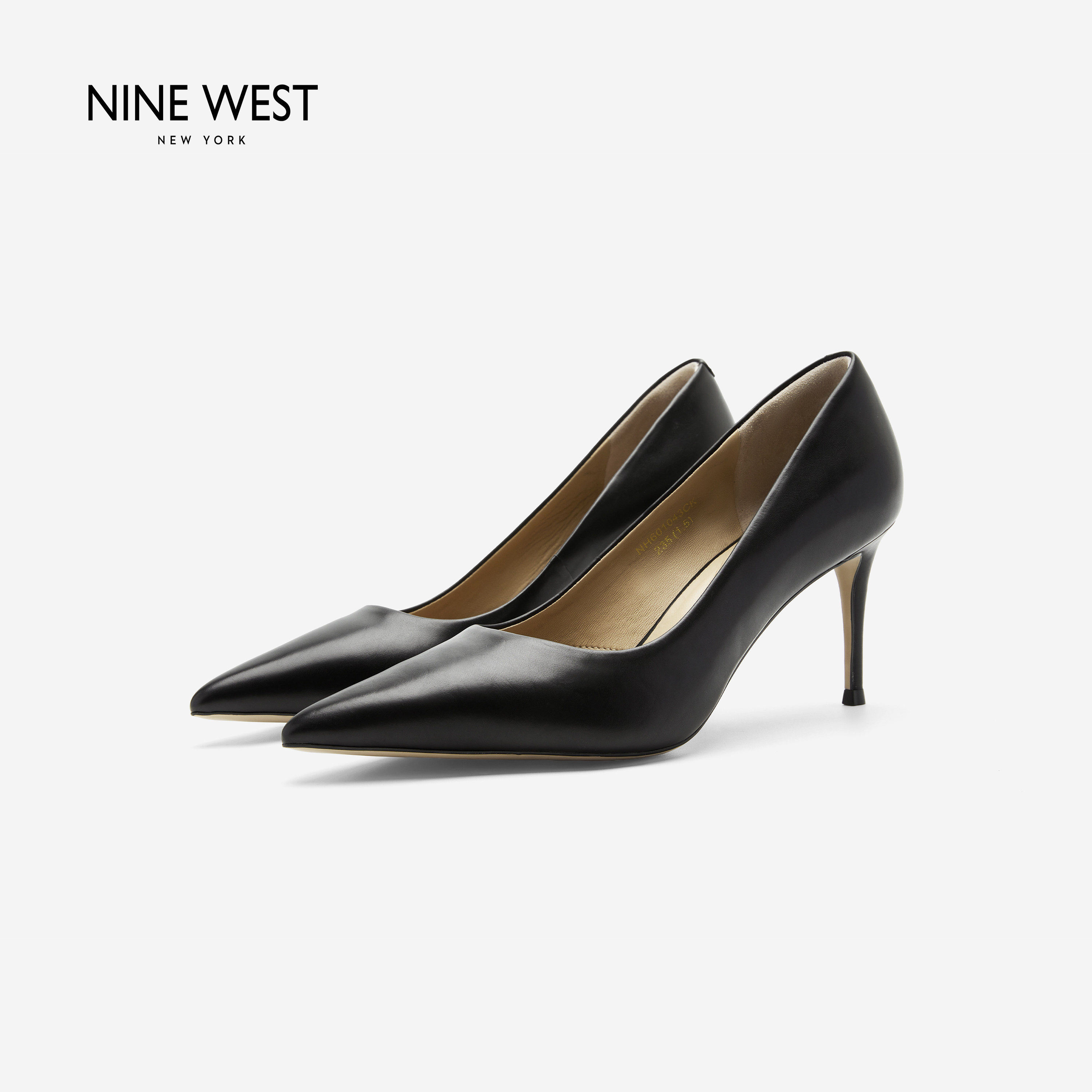 Nine West/玖熙胎牛皮黑色细高跟鞋女舒适软垫通勤不累脚浅口单鞋