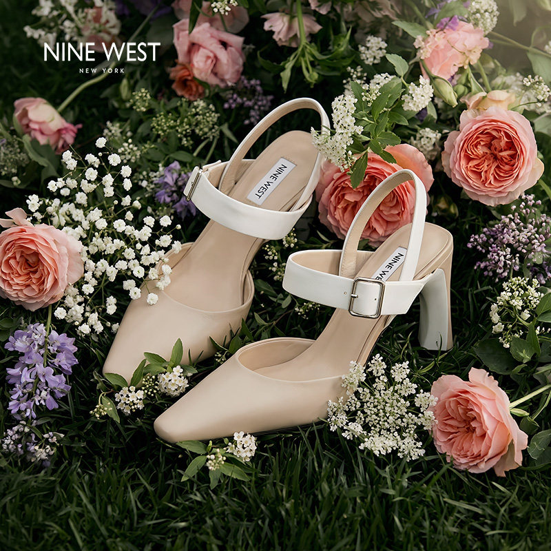 Nine West/玖熙真皮方头粗跟凉鞋女一字扣后绊带通勤百搭高跟单鞋