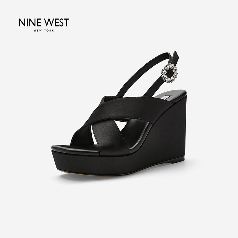 Nine West/玖熙真皮交叉带厚底坡跟凉鞋女防水台百搭高跟防滑女鞋