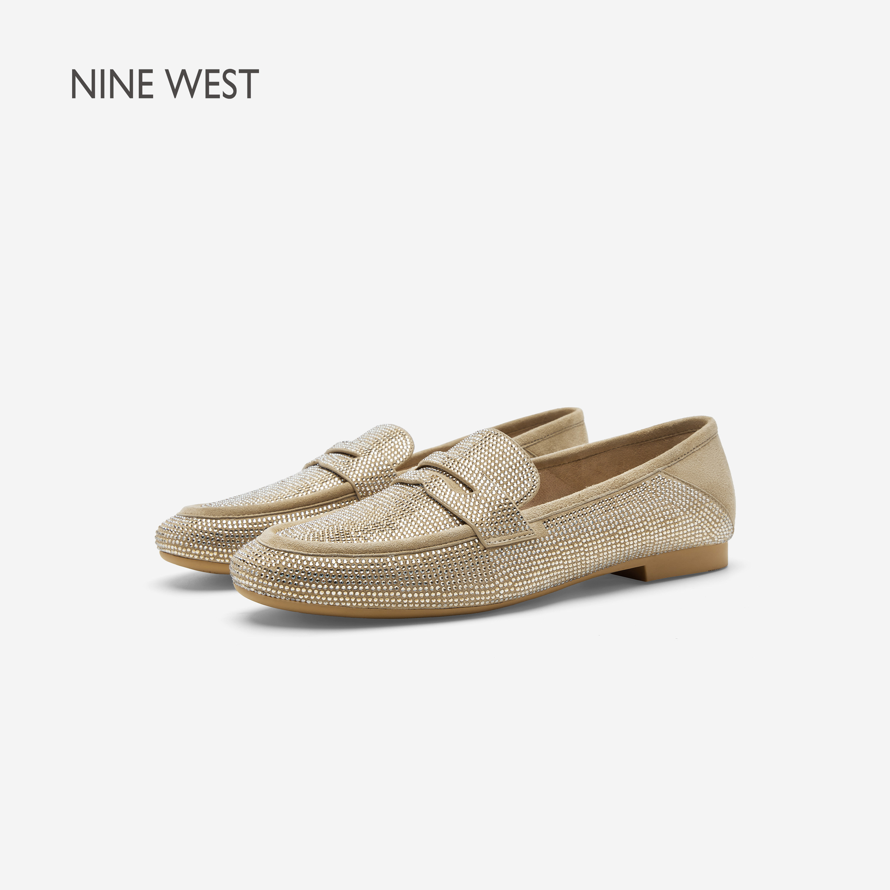 Nine West/玖熙鎏光星云水钻乐福鞋女夏新款平底单鞋一脚蹬豆豆鞋