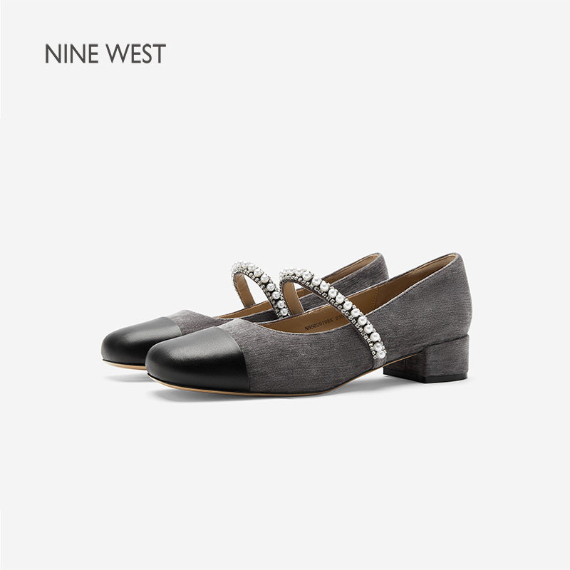 Nine West/玖熙法式玛丽珍鞋女珍珠装饰一字带低跟单鞋百搭复古鞋