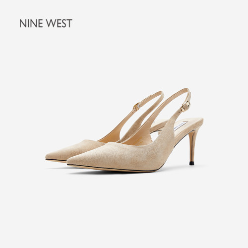Nine West/玖熙高跟凉鞋女一字式扣带细跟尖头羊反绒浅口高跟鞋女