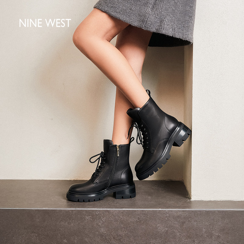 Nine West/玖熙英伦真皮马丁靴女黑色系带厚底短靴增高百搭机车靴