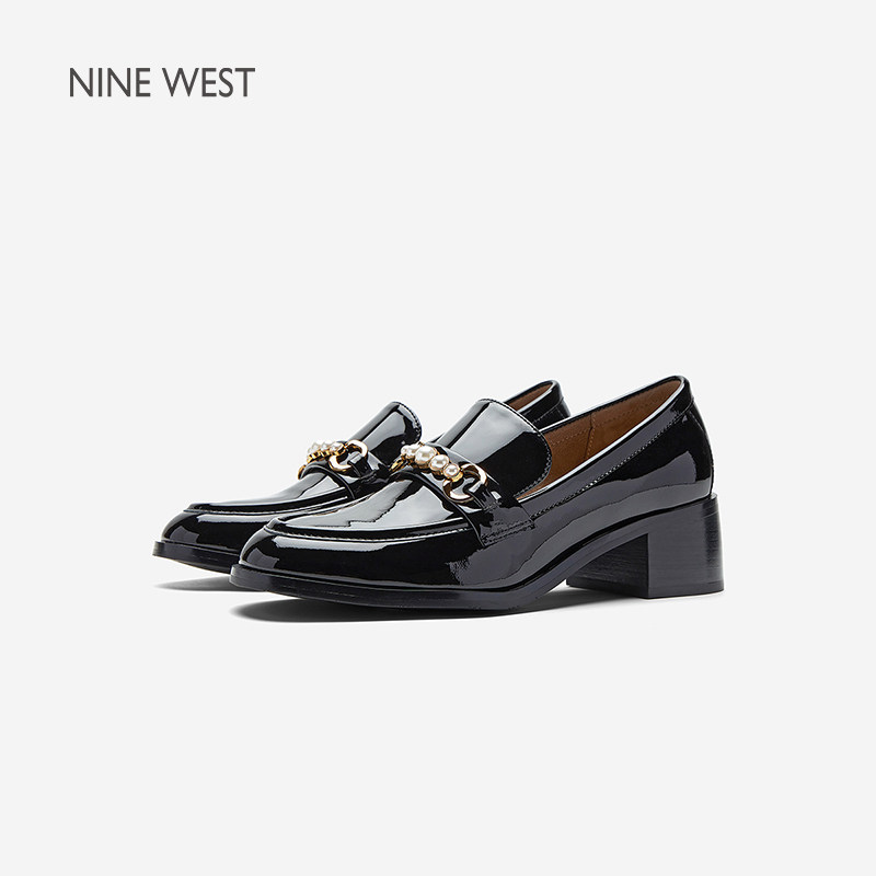 Nine West/玖熙真皮乐福鞋女夏珍珠英伦小皮鞋一脚蹬粗跟休闲单鞋