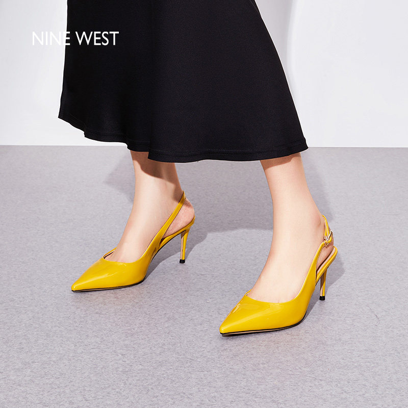 Nine West/玖熙黄色漆皮尖头细跟高跟时装凉鞋女款搭扣浅口单鞋女