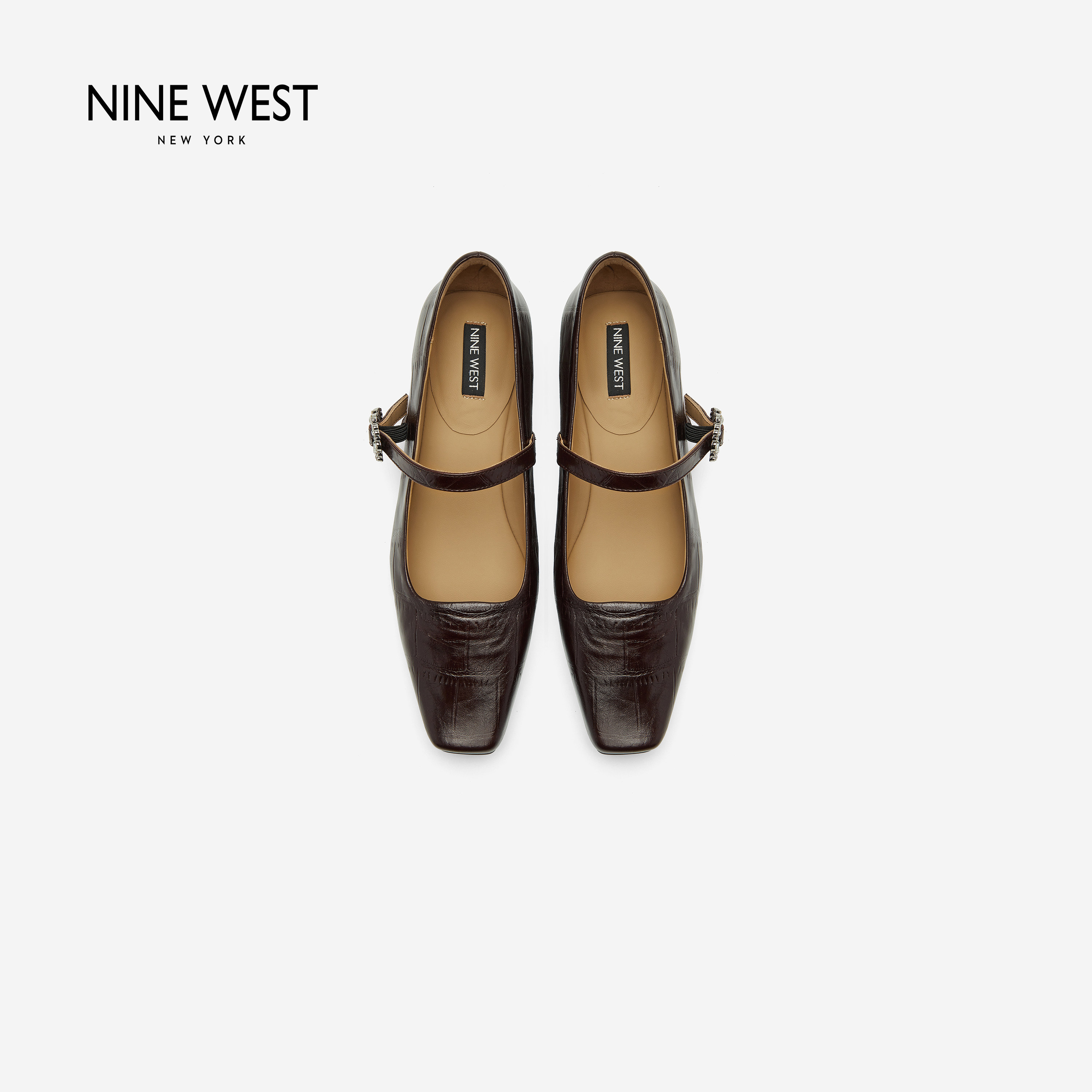 Nine West/玖熙方头玛丽珍鞋女秋季新款水钻一字扣带低跟浅口单鞋