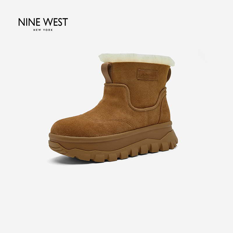 Nine West/玖熙冬季雪地靴女反绒皮加厚毛绒厚底锯齿底短筒