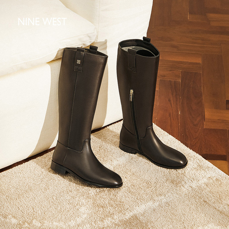 Nine West/玖熙低跟防滑骑士长靴女侧拉链直筒职场百搭软皮高筒靴