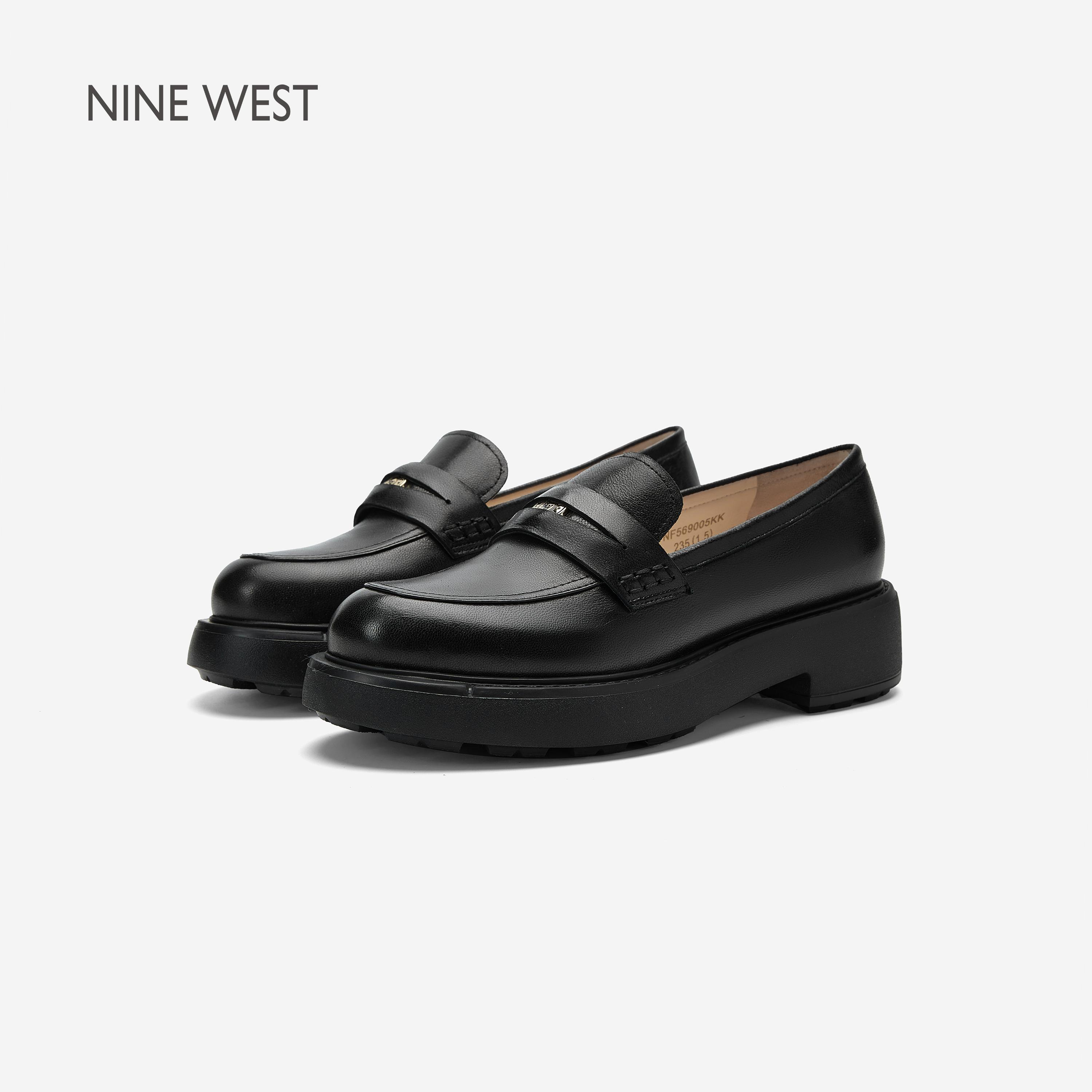 Nine West/玖熙金币厚底乐福鞋女2025夏季新款黑色小羊皮单鞋软底