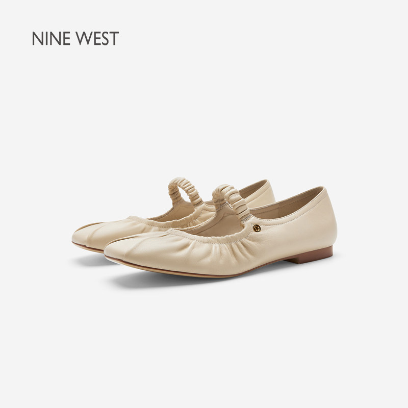 Nine West/玖熙芭蕾云镜玛丽珍鞋女2026夏方头褶皱一字带平底单鞋