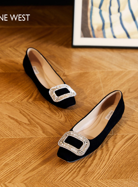 【倾城之恋】Nine West/玖熙方扣单鞋女法式平底鞋水钻浅口一脚蹬