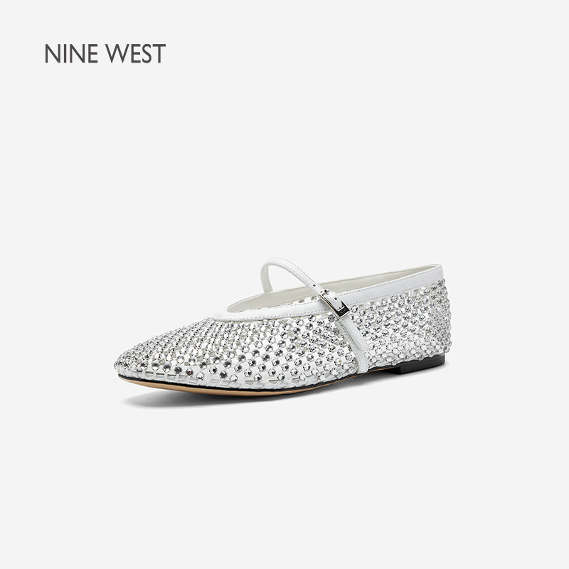 Nine West/玖熙亮片网钻玛丽珍鞋女平底一字扣轻奢单鞋女士休闲鞋