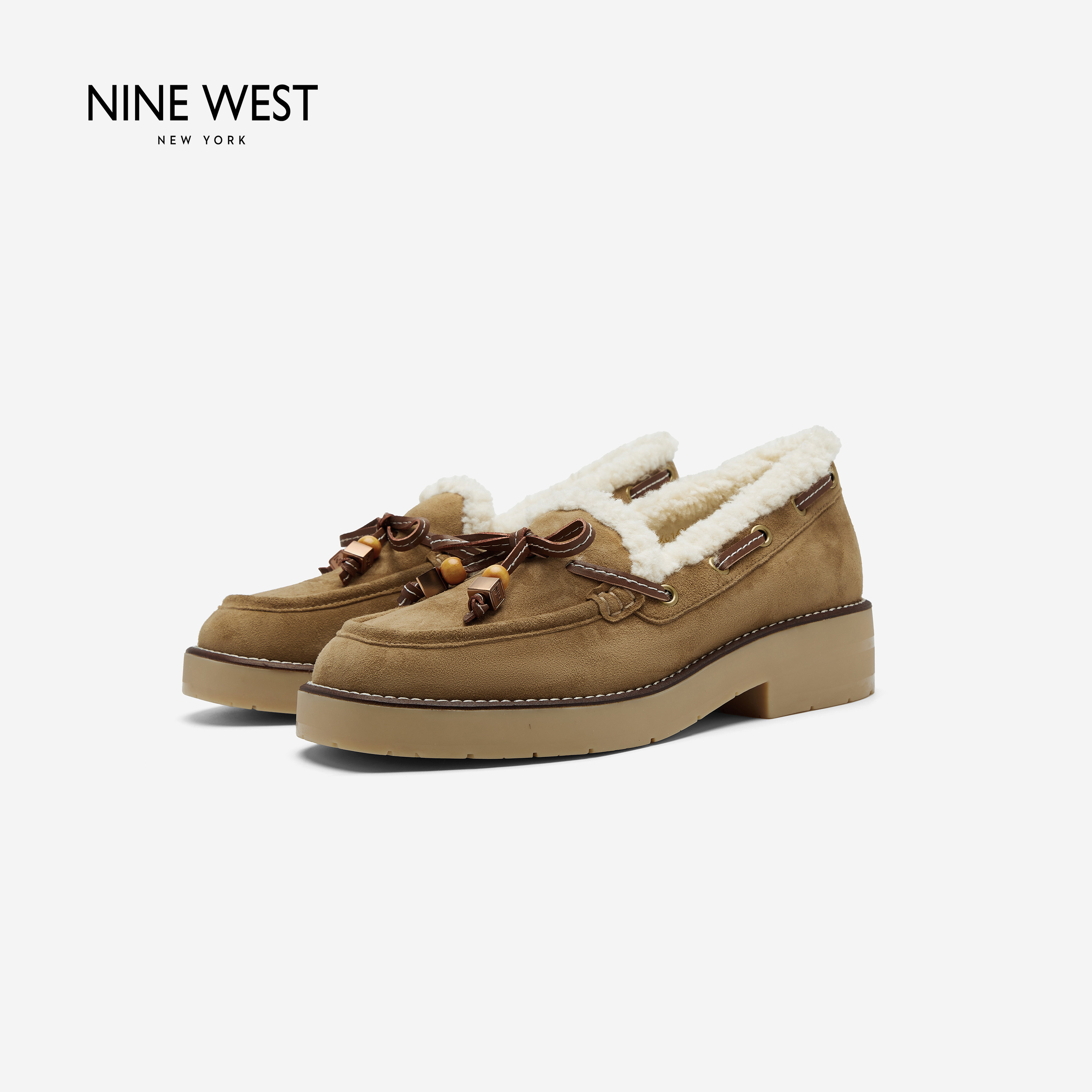 Nine West/玖熙加绒乐福鞋女流苏反绒皮通勤单鞋保暖百搭毛