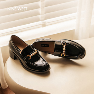 粗跟单鞋 Nine 女2025秋英伦风小皮鞋 玖熙珍珠物语高跟乐福鞋 West