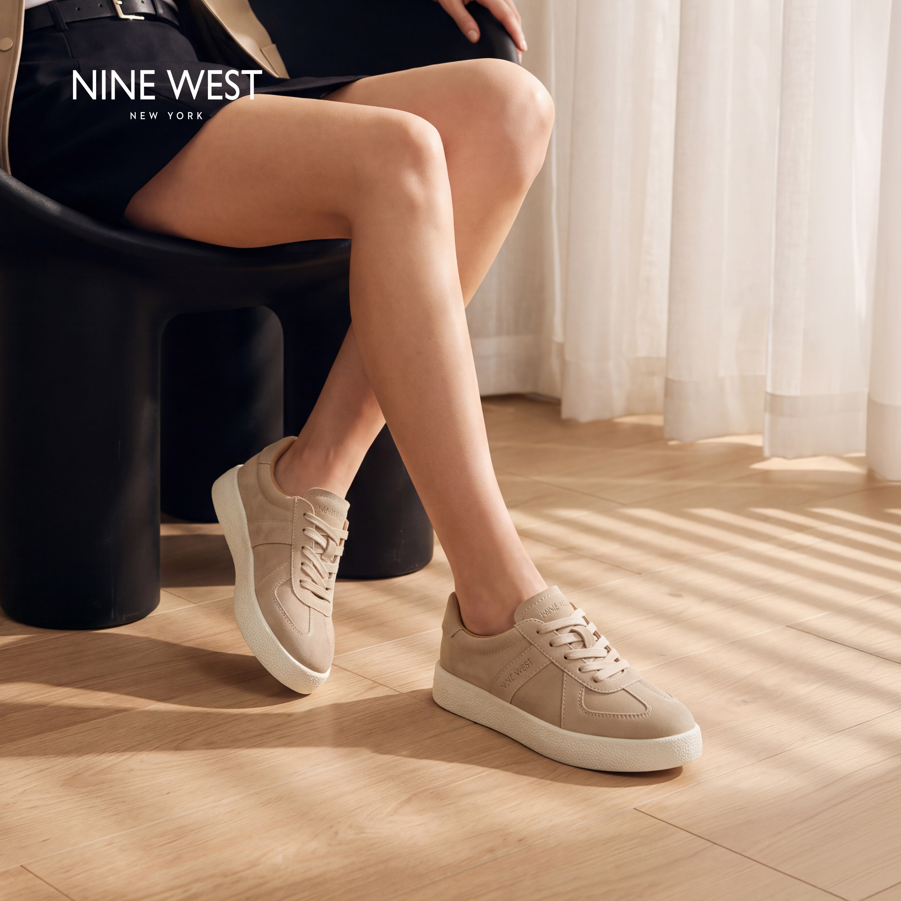 Nine West/玖熙复古反绒皮德训鞋女杏色百搭增高休闲板鞋系