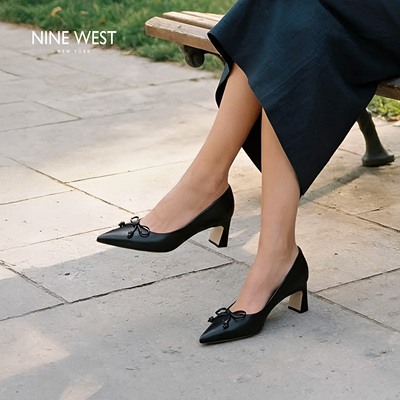 Nine West/玖熙黑色尖头粗跟浅口单鞋女蝴蝶结职场百搭通勤鞋女鞋
