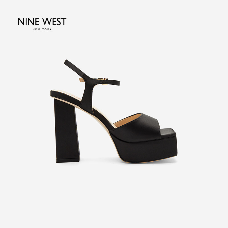 【梦露联名】Nine West/玖熙黑色粗跟凉鞋女防水台一字带高跟鞋