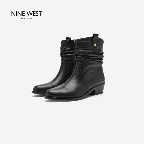 Nine West/玖熙褶皱堆堆西部短靴粗中跟软皮显瘦复古牛仔时装靴女