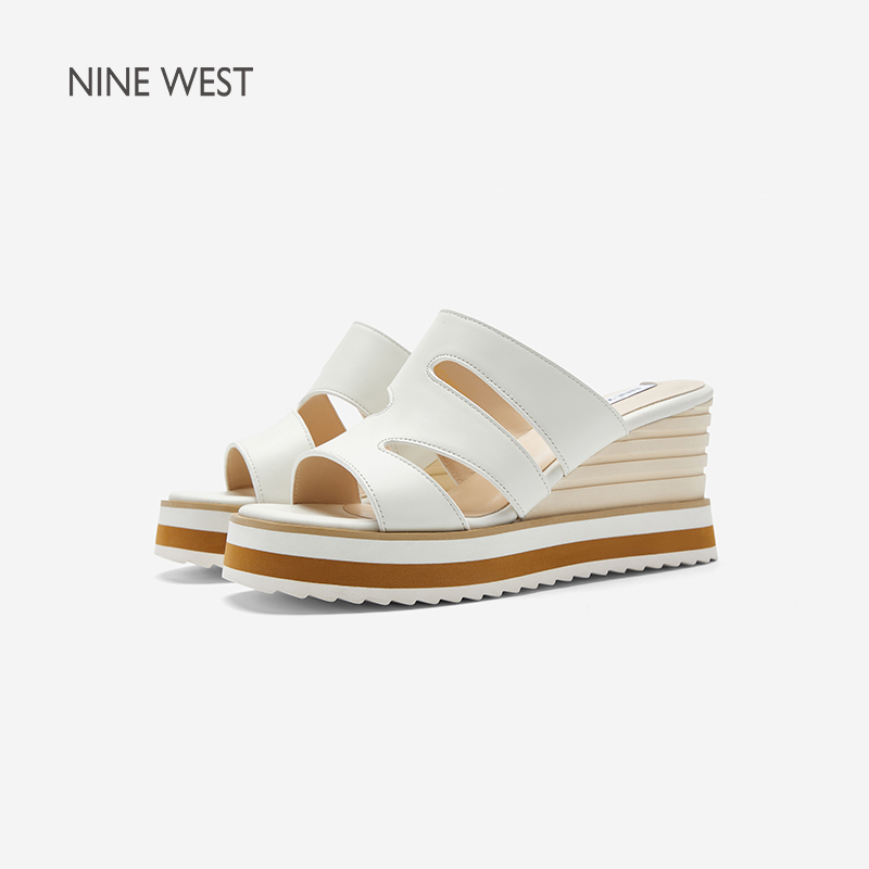 Nine West/玖熙坡跟厚底拖鞋女2025夏季新款防水台一字带罗马凉拖