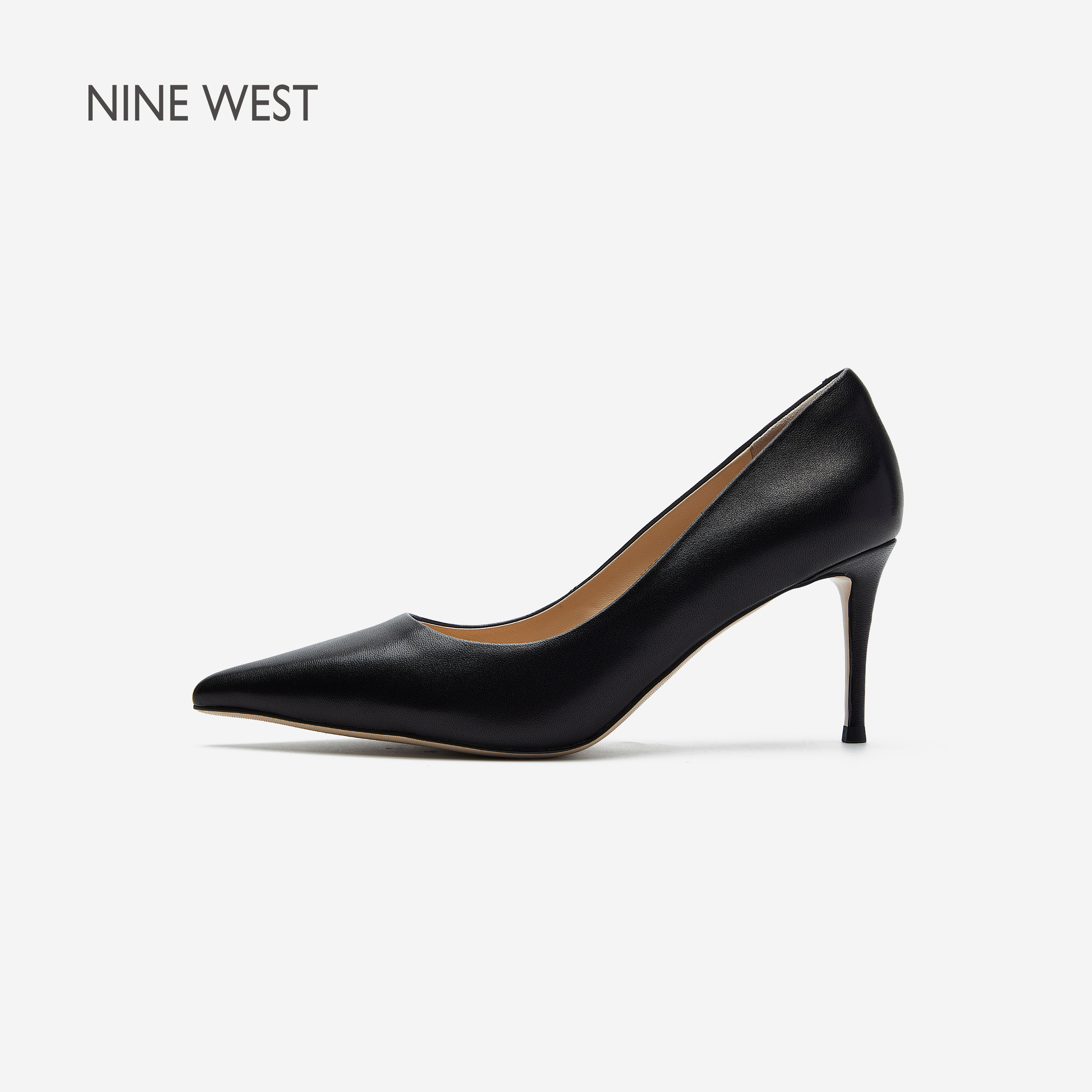 Nine West/玖熙通勤风黑色尖头细跟高跟鞋女浅口单鞋职场真皮女鞋