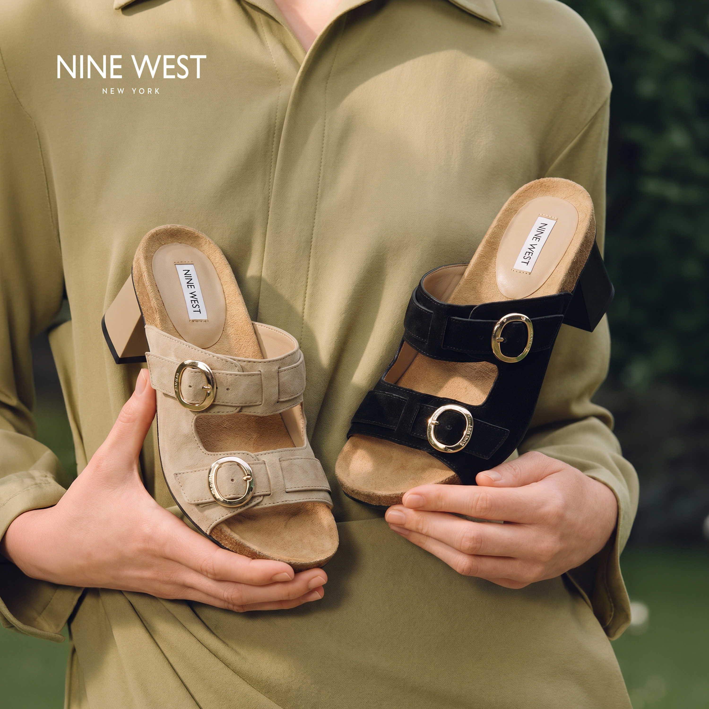 Nine West/玖熙高跟凉鞋女夏季粗跟凉拖鞋金属扣外穿露趾穆勒鞋