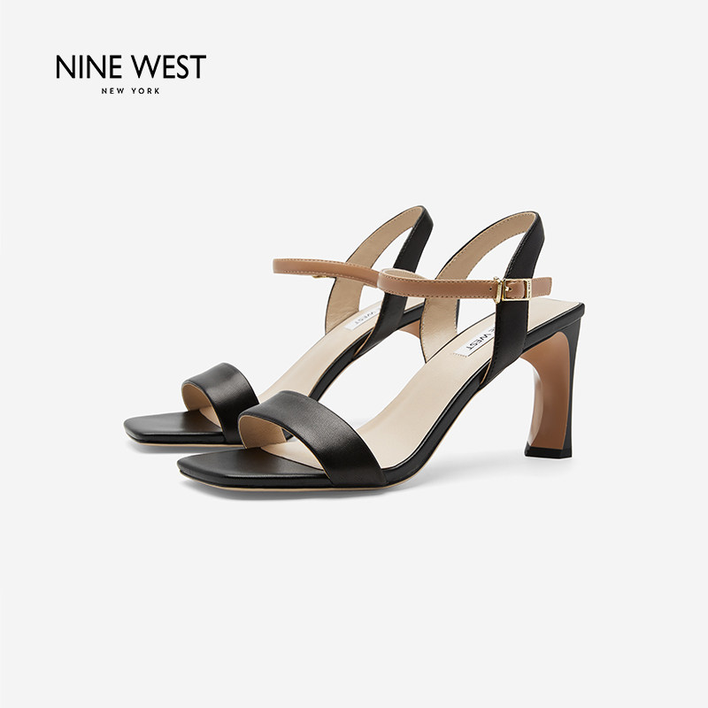 Nine West/玖熙一字带粗跟高跟凉鞋女方头时尚百搭夏季新款通勤鞋