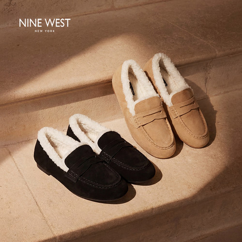 Nine West/玖熙加绒乐福豆豆鞋女平底百搭显瘦懒人鞋保暖毛毛单鞋