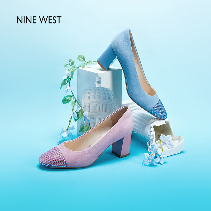 Nine West/玖熙流光曳影绒面水钻单鞋女2024春新款粗跟浅口高跟鞋