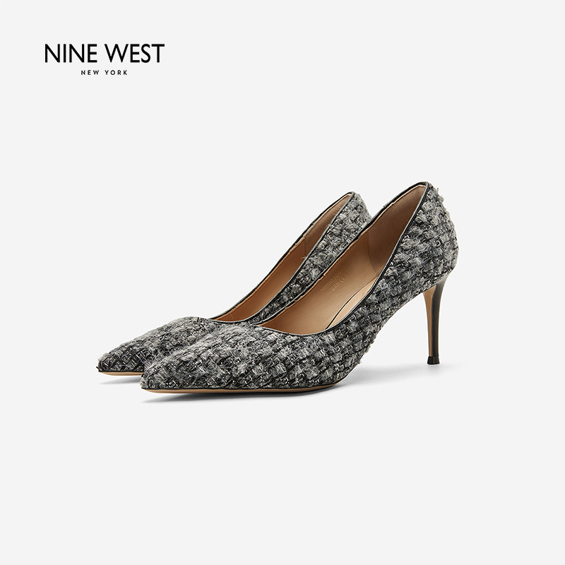 Nine West/玖熙毛呢尖头细跟单鞋女灰色名媛风宴会搭配轻奢高跟鞋