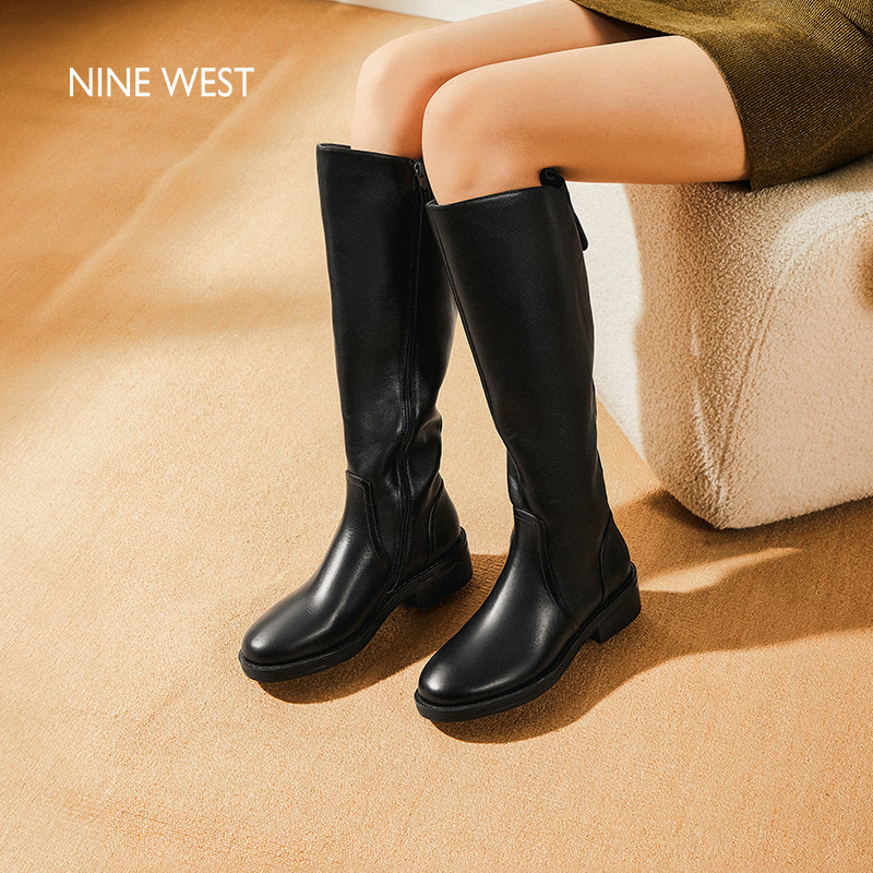 Nine West/玖熙粗跟骑士长靴女侧拉链显腿长日常通勤气质高筒靴子
