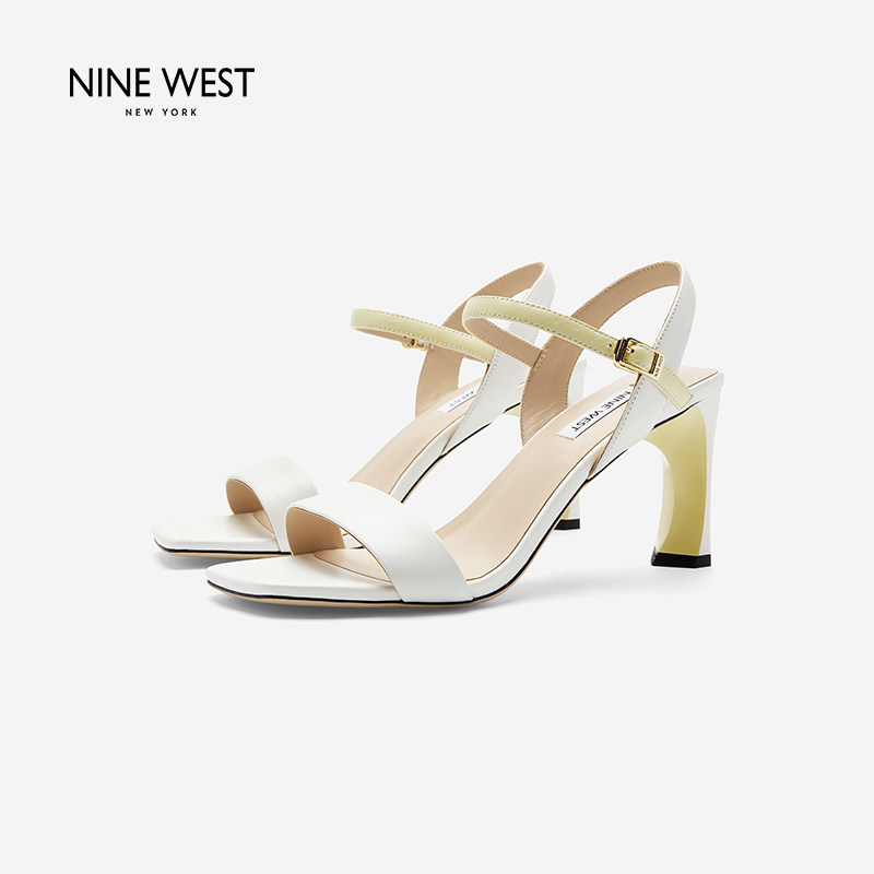 Nine West/玖熙白色一字扣带露趾凉鞋女细中跟方头简约气质高跟鞋