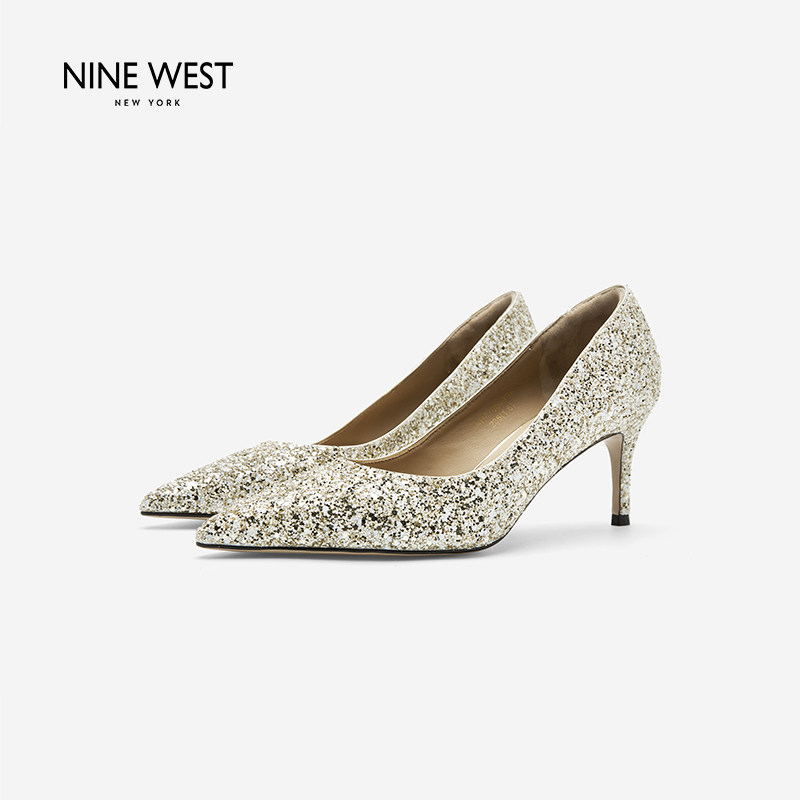 Nine West/玖熙法式亮片尖头细跟单鞋女新款百搭婚宴婚鞋女款鞋子