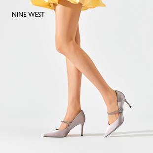 千金风Nine West 玖熙高跟鞋 法式 女春气质新款 钻带真丝细跟单鞋