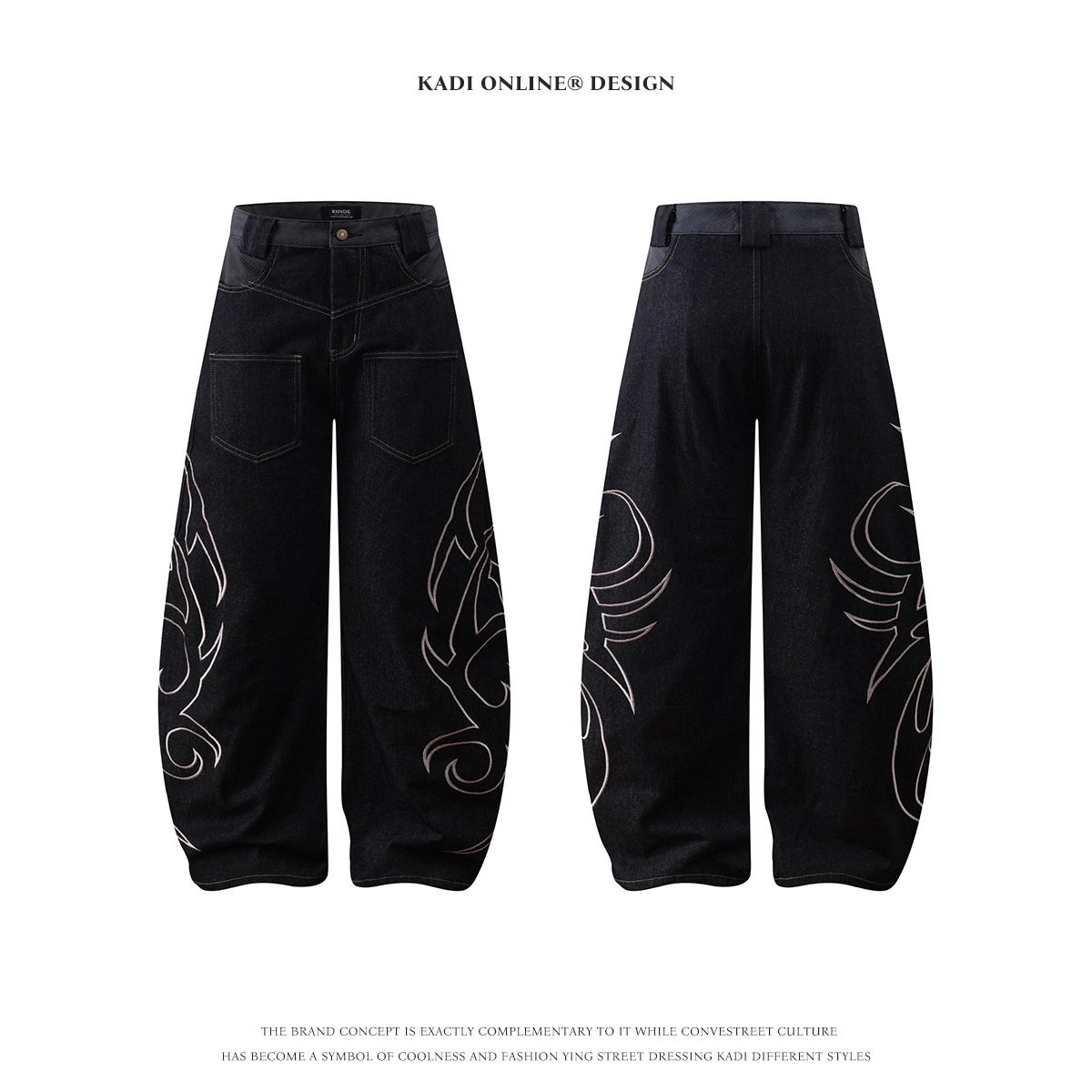 潮牌图腾刺绣蛇纹腰口袋原牛男女牛仔裤设计感宽松廓形弯刀裤,男装,牛仔裤,淘宝优惠券,粉丝福利购,淘宝优惠卷