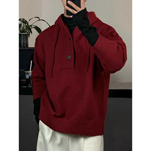 安哥拉红色半开衫纽扣连帽毛衣男款秋冬慵懒高级感美式复古针织衫