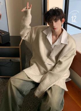 杏色V领毛衣男美式感情侣针织衫复古慵懒风低领外套oversize