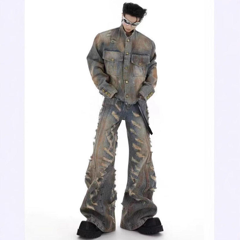 2024小众复古废土破坏牛仔外套套装重磅做旧夹克微喇叭牛仔裤男潮,男装,休闲运动套装,淘宝优惠券,粉丝福利购,淘宝优惠卷