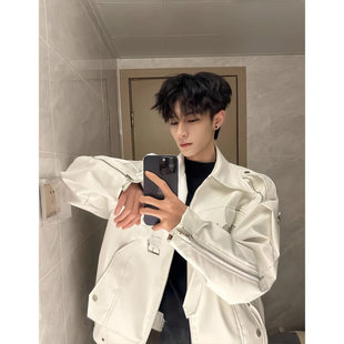 潮款短款白色皮衣外套男潮高级感男生机车服美式高街工装夹克