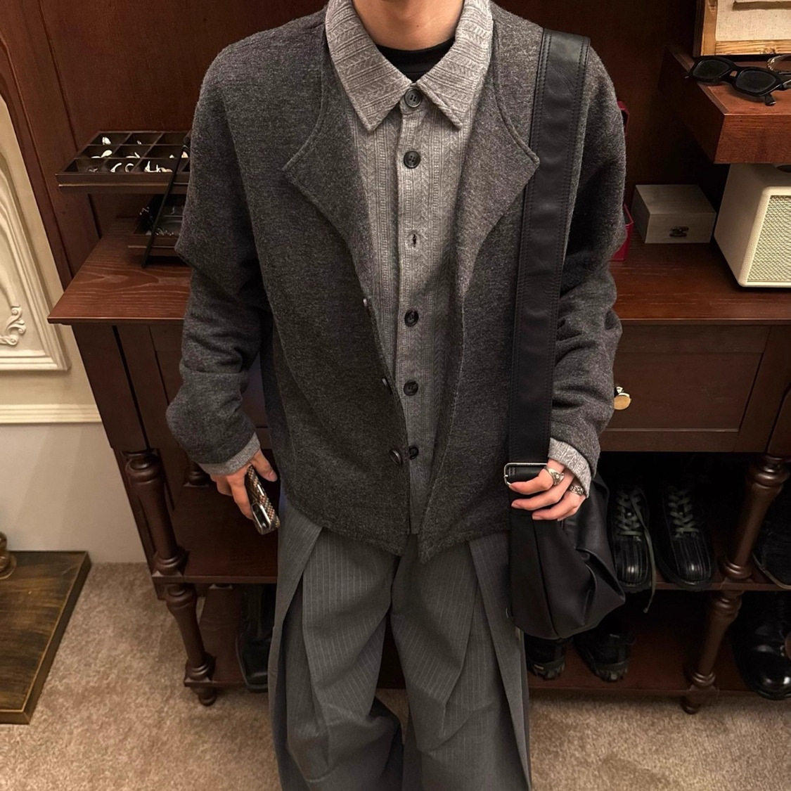 灰色麦穗提花假两件毛衣男款秋季高级感小众衬衫领拼接针织衫上衣