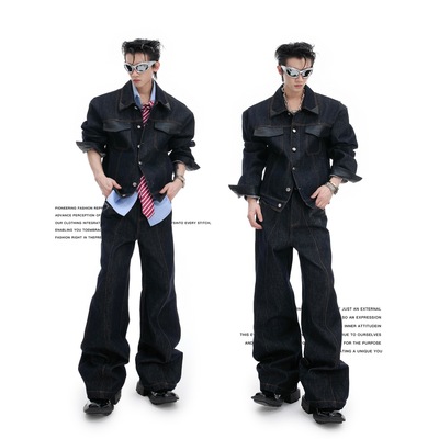 25SCulturE墨痕*小众复古拼皮拼接牛仔套装男装外套牛仔裤秋冬男