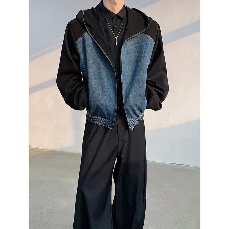 小众设计感拼接牛仔夹克外套男美式高街复古廊形垫肩连帽卫衣,男装,卫衣,淘宝优惠券,粉丝福利购,淘宝优惠卷