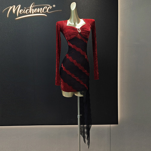 美辰冬季丝绒蕾丝拉丁连衣裙加绒