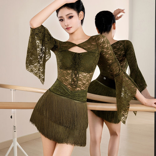 美辰拉丁舞蕾丝长袖连体练功服女