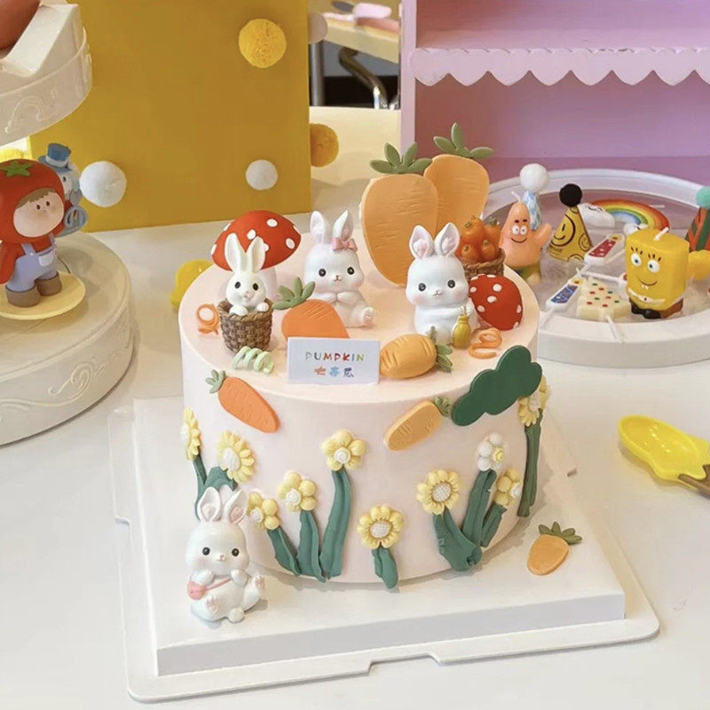 可爱兔子蛋糕装饰摆件创意田园风森系萝卜小白兔儿童生日烘焙插件