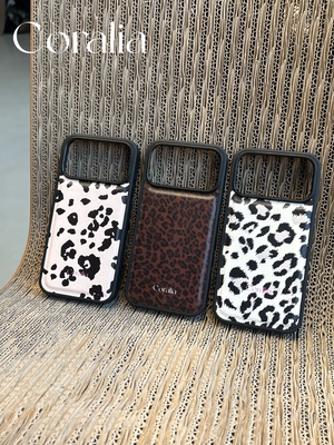 Coralia原创设计流行时髦豹纹系列黑边荔枝皮质手机壳全包防摔iphone17promax