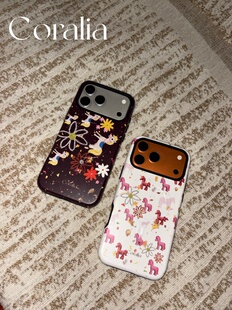 Coralia原创设计“花花金色锡箔Horse乐园”韩国进口菲林二合一磁吸手机壳小马乐园全包26新款