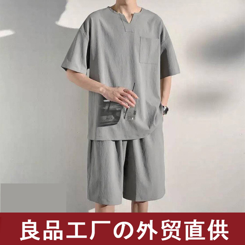 日式睡衣夏季短袖短裤男士